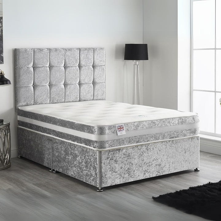 Double Divan Bed With Mattress - Silver Velvet Bed