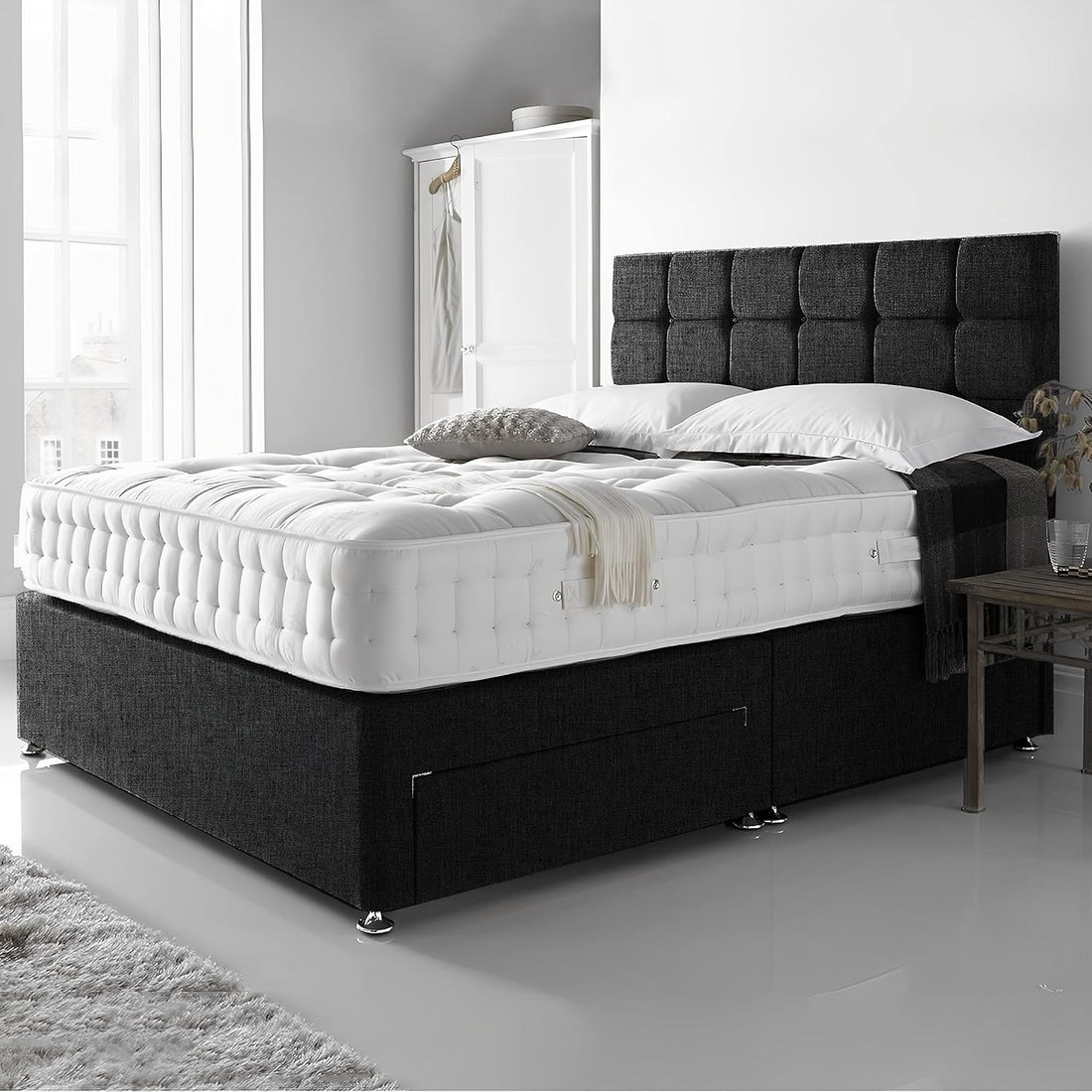 Single Divan Bed - Grey Linen Diamante cubed Bed Frame and Mattress