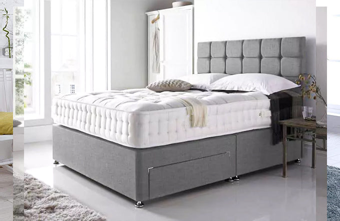 Single Divan Bed - Grey Linen Diamante cubed Bed With Frame