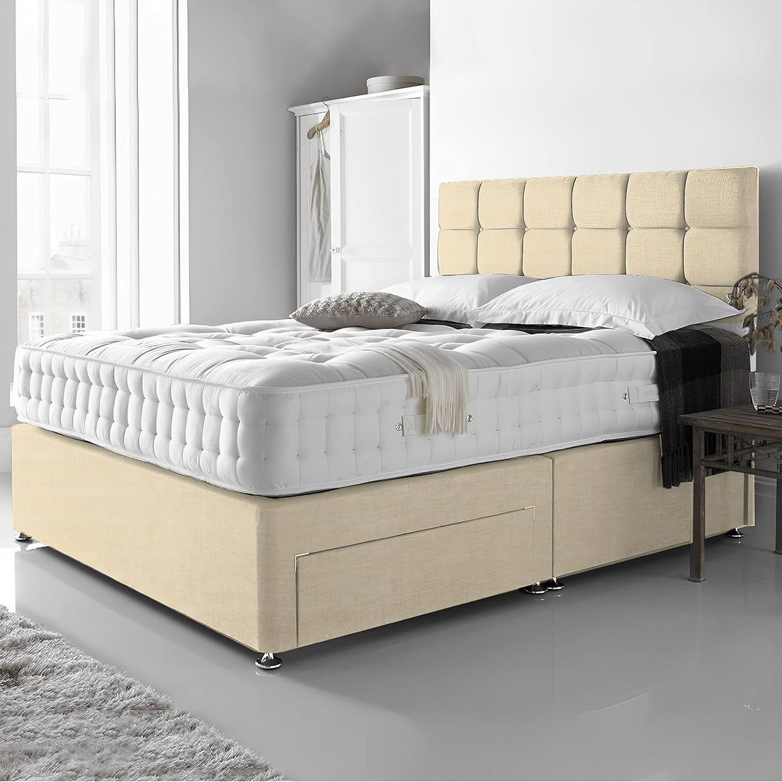 Single Divan Bed - Grey Linen Diamante cubed Bed With Mattress