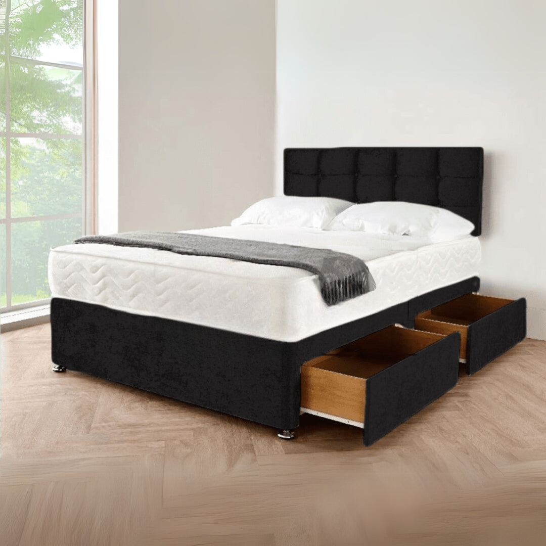 Divan Single Bed - Luxury Crushed Velvet Bed With Frame and Side Storage Drawers