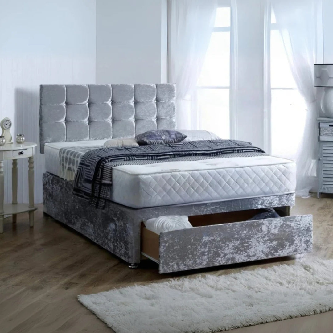 Double Divan Bed With Mattress - Silver Velvet Bed With Frame