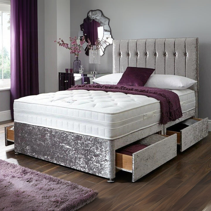 Line Panel Silver Crushed Velvet Divan Bed