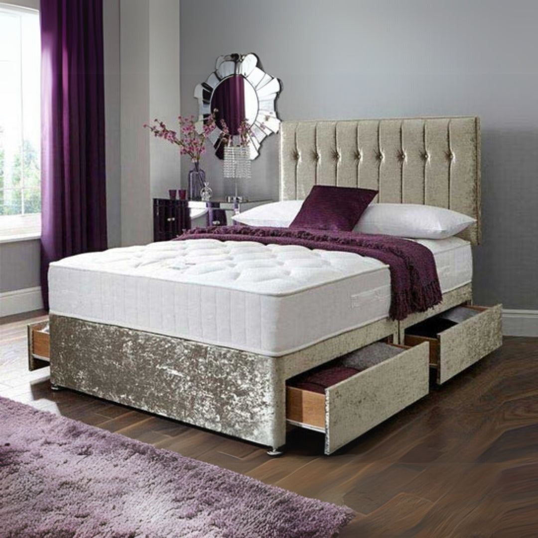 Line Panel Silver Crushed Velvet Divan Bed